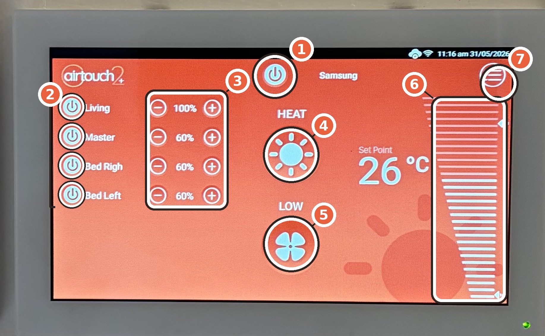 AirTouch 2+ control panel with each button numbered